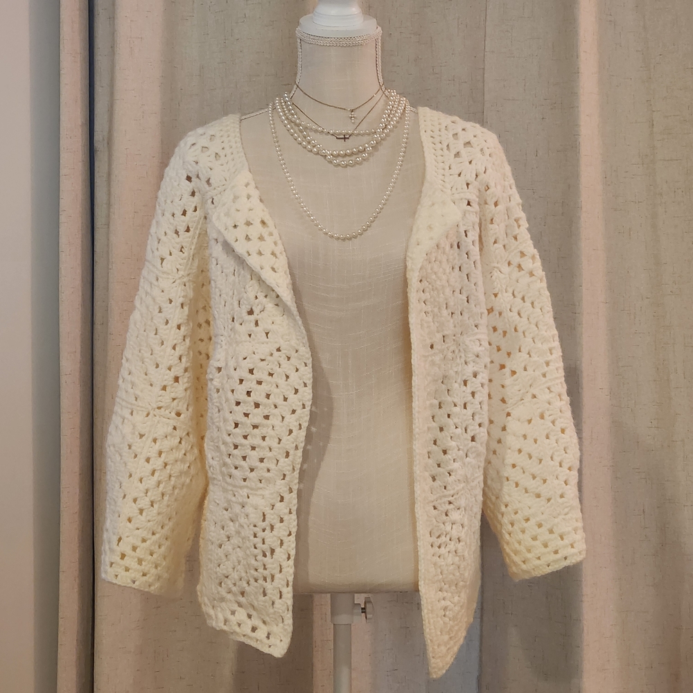 Handmade‎ Cream Open-Front Granny Square Crochet Sweater Size S Boho Cottagecore